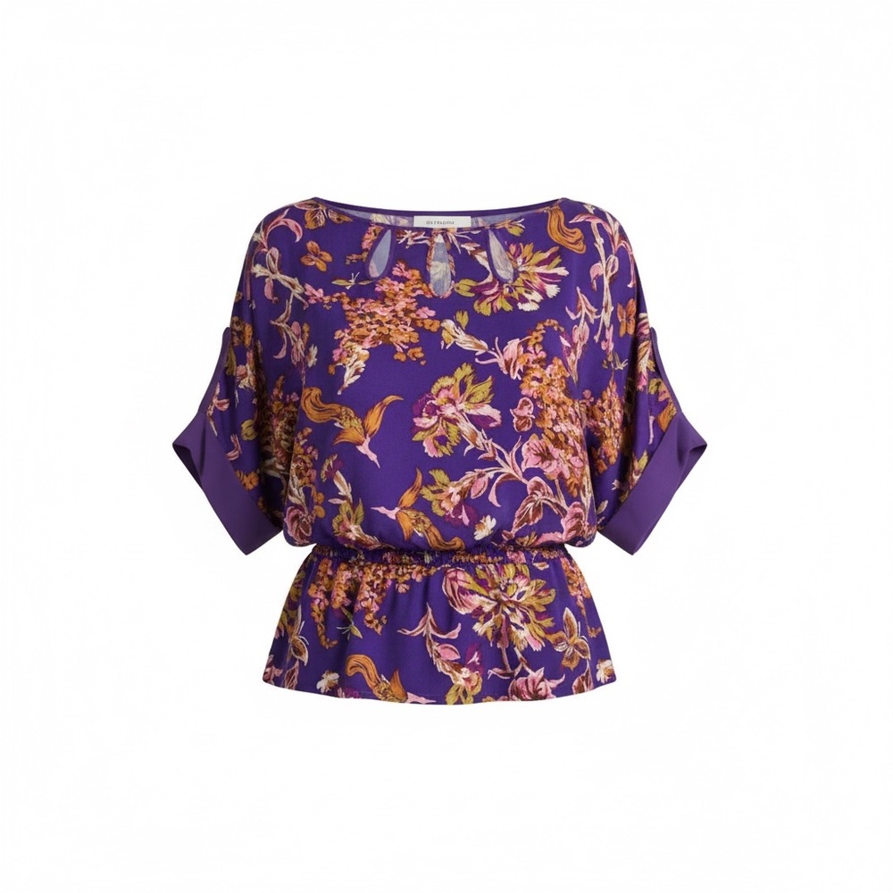 BCBGMaxAzria 100% Silk Peplum Purple Floral Dolman Sleeve Blouse | Medium
